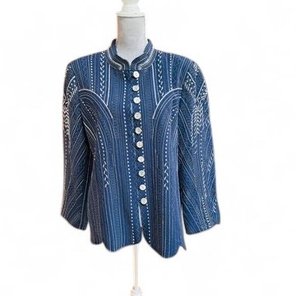 JOHN MARK Blue Embroidered Button Jacket Women’s Size L Long Sleeve Boho Artsy - Picture 1 of 9